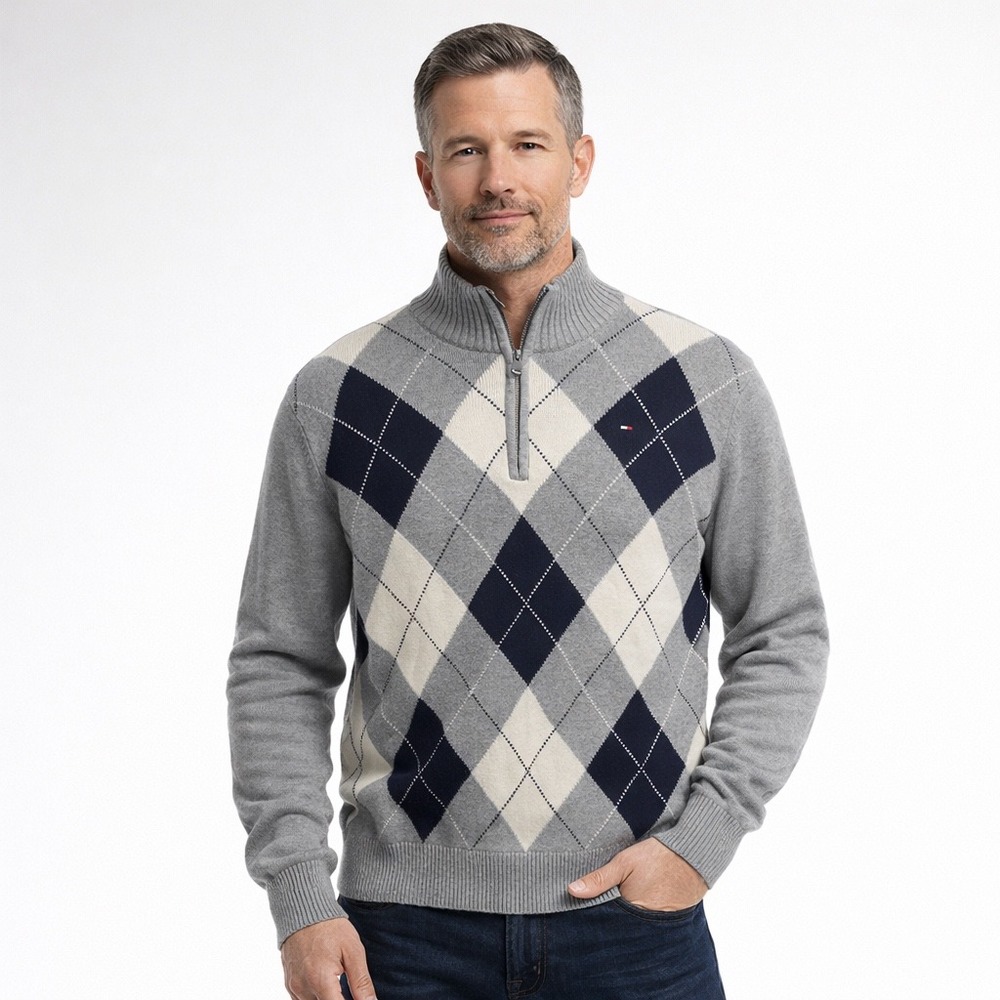 Tommy Hilfiger Mens L Quarter Zip Argyle‎ Sweater Grey Navy Blue Mock Neck Knit